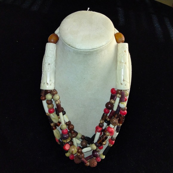 Iris Apfel & Bajalia Wood, Bone and Resin Multicolored Beaded Statement Necklace